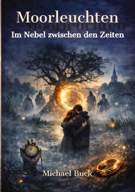 "Moorleuchten. Im Nebel zwischen den Zeiten. Michael Buck." Zwei Menschen umarmen sich vor einer leuchtenden Öffnung im Baum.