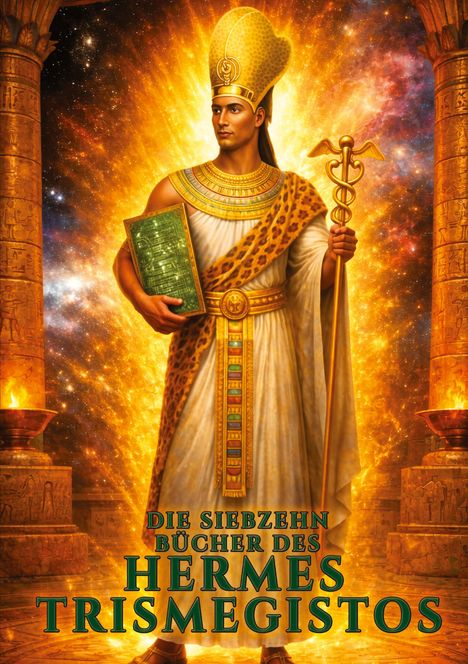 "Die siebzehn Bücher des Hermes Trismegistos." 
Illustration eines antiken, majestätischen Mannes mit Stab und Buch.