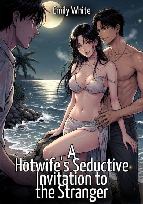 Text: "Emily White, A Hotwife's Seductive Invitation to the Stranger." Illustration einer sinnlichen Strandszene bei Nacht.