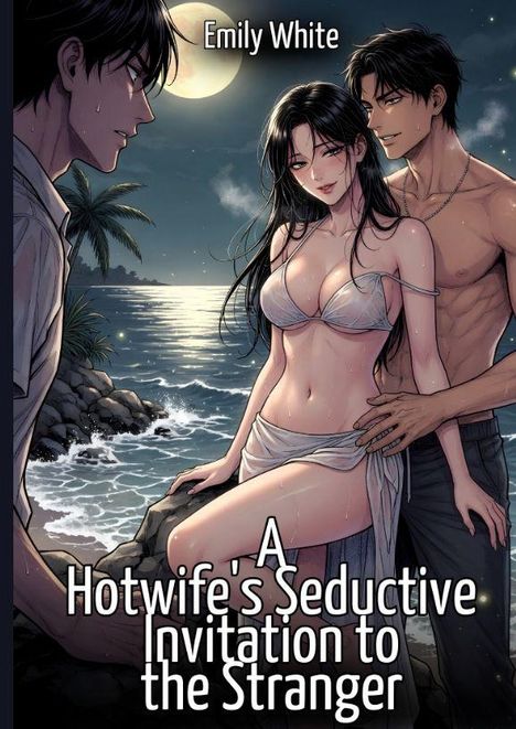 Text: „Emily White“ und „A Hotwife's Seductive Invitation to the Stranger“. Eine Illustration am Meer bei Mondschein. Drei Personen.
