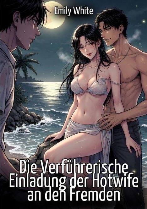 Titel: "Die Verführerische Einladung der Hotwife an den Fremden." Eine Illustration mit einem Paar am Strand bei Vollmond.