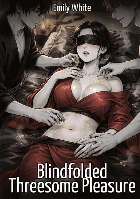 Oben steht "Emily White". Unten "Blindfolded Threesome Pleasure". Eine Frau mit verbundenen Augen, daneben zwei Personen.