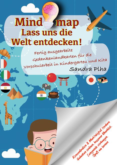 "Mind map Lass uns die Welt entdecken!" Illustr. einer Weltkarte mit Kind, Flugzeug, Tieren und typ. Symbolen d. Länder.