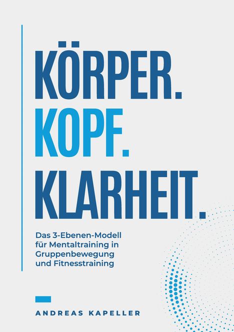 "Körper. Kopf. Klarheit." Text in blau, darunter Beschreibung des Modells, Autor: Andreas Kapeller. Design mit Punkten.