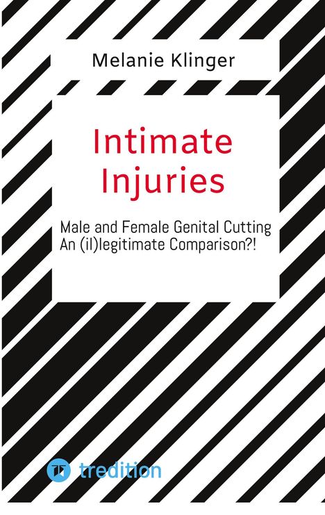 "Intimate Injuries: Male and Female Genital Cutting. An (il)legitimate Comparison?!" Melanie Klingers Name darüber. Umlaufende schwarze Diagonalen.