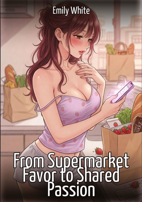 "Emily White" und "From Supermarket Favor to Shared Passion". Eine Frau im Top mit Smartphone, Hintergrund mit Einkäufen. Illustration.