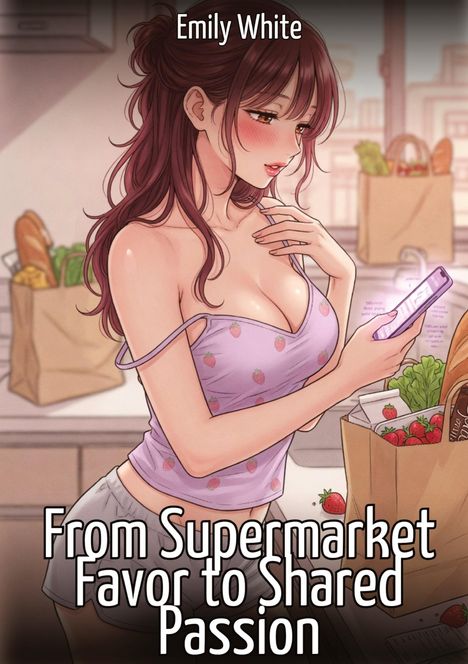 Text: „Emily White, From Supermarket Favor to Shared Passion.“ Eine Frau in lila Oberteil schaut auf ihr Handy, im Hintergrund Einkaufstüten.