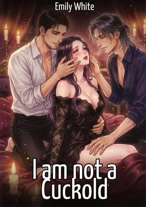 Text: "Emily White" und "I am not a Cuckold". Illustration: Zwei Männer und eine Frau in einem romantischen Setting mit Kerzen.