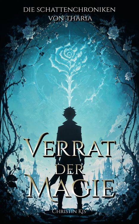 Text: „Die Schattenchroniken von Tharia“, „Verrat der Magie“, „Christin Kis“. Eine Silhouette vor einem leuchtenden Hintergrund.
