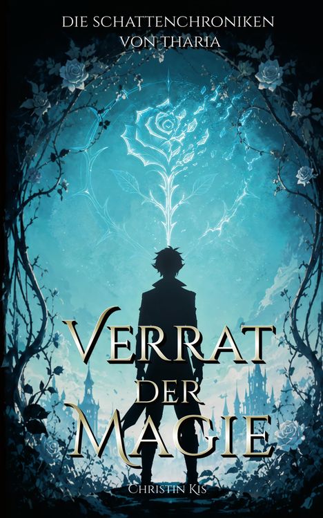"Die Schattenchroniken von Tharia. Verrat der Magie. Christin Kis." Silhouette einer Person, umgeben von Rosen und Magie.