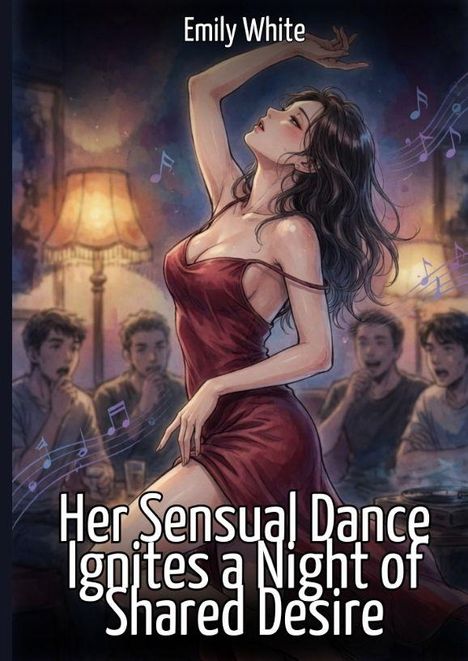 „Her Sensual Dance Ignites a Night of Shared Desire“ von Emily White. Illustration: Frau in rotem Kleid tanzt vor Publikum.
