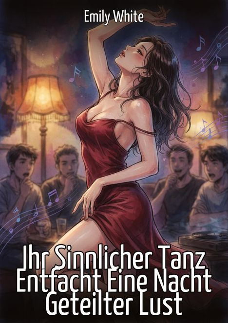 Text: "Ihr Sinnlicher Tanz Entfacht Eine Nacht Geteilter Lust". Frau in rotem Kleid tanzt verführerisch, umgeben von Zuschauern.