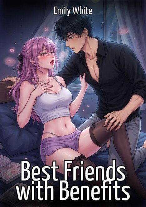 "Emily White. Best Friends with Benefits." Anime-Illustration: Mann und Frau auf einem Bett, intimer Moment in sanftem Licht.