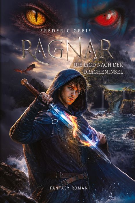 Text: "RAGNAR Die Jagd nach der Dracheninsel", "FREDERIC GREIF", "FANTASY ROMAN". 

Ein Mann in einem Kapu mit leuchtendem Schwert, ein Drache fliegt, imposante Küstenlandschaft.