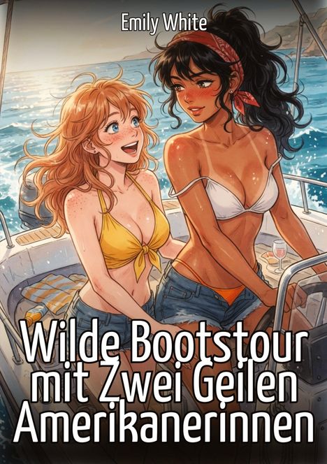 „Emily White. Wilde Bootstour mit Zwei Geilen Amerikanerinnen.“ Zwei Frauen in Bikinis auf einem Boot, lächelnd im Sonnenschein.