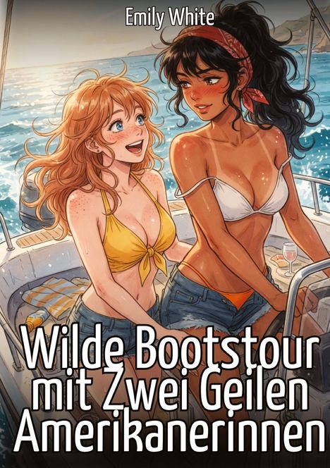 Text: "Emily White. Wilde Bootstour mit Zwei Geilen Amerikanerinnen." Zwei Frauen in Bikinis auf einem Boot, lächelnd.