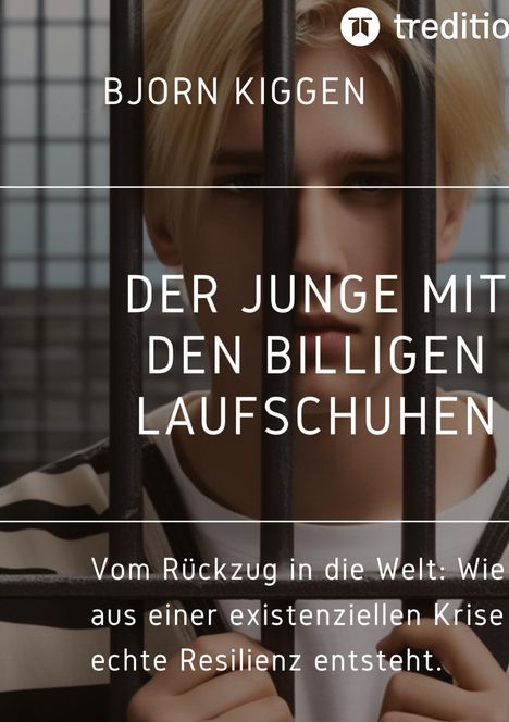 Text: „BJORN KIGGEN. DER JUNGE MIT DEN BILLIGEN LAUFSCHUHEN. Vom Rückzug in die Welt: Wie aus einer existenziellen Krise echte Resilienz entsteht.“  
Ein Junge blickt durch Gitterstäbe.