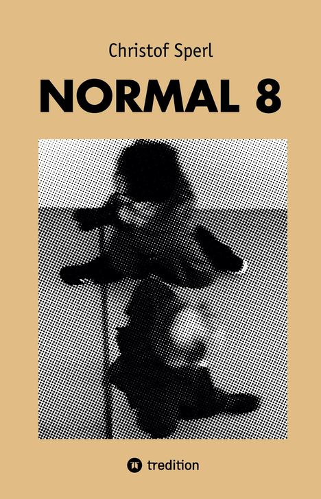 "Christof Sperl, NORMAL 8" auf beigem Hintergrund. Punktierte Schwarz-Weiß-Illustration eines Kindes auf einem Schaukelstuhl.