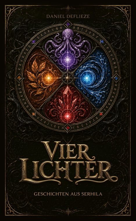 "Viergeordnetes Symbol aus Kristallen, Blätter und Strudel. Beleuchtet in Violett, Orange, Blau und Rot. Fantasievolle Gestaltung."