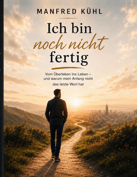 "MANFRED KÜHL: Ich bin noch nicht fertig. Vom Überleben ins Leben. Ein Mann geht auf einem Pfad in Richtung Stadt im Sonnenuntergang."