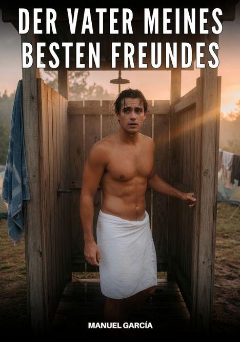 "Der Vater meines besten Freundes. MANUEL GARCÍA" Ein Mann in einer Dusche im Freien, mit einem Handtuch um die Hüften.