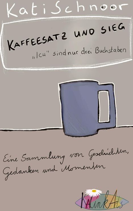 "Kaffeepott auf grauem Tisch, Text: Kaffeekunst und Gedanken. Überschrift, Untertitel, stilisierte Illustration, Signatur."