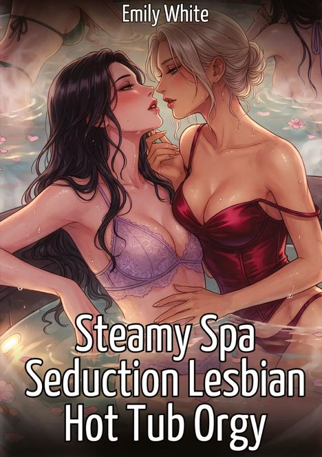 "Steamy Spa Seduction Lesbian Hot Tub Orgy" und "Emily White". Zwei Frauen in Dessous in einer erotischen Illustration.
