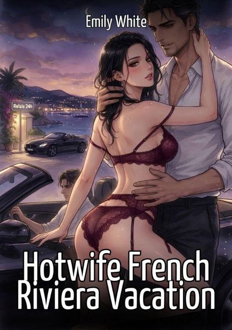 Titel: "Hotwife French Riviera Vacation". Autor: Emily White. Illustration einer Frau in Dessous umarmt von einem Mann.