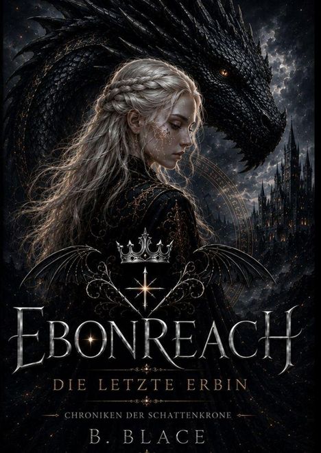 „Ebonreach: Die Letzte Erbin“ steht unten. Eine junge Frau mit langem Haar, ein Drache im Hintergrund. Mystische Atmosphäre.