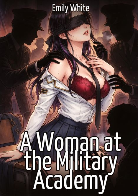 Text: "Emily White", "A Woman at the Military Academy". 

Illustration: Frau mit Augenbinde, von Uniformierten umgeben.
