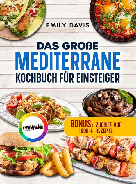 „Das große mediterrane Kochbuch für Einsteiger“. Verschiedene mediterrane Gerichte wie Pizza, Nudeln und Spieße abgebildet.