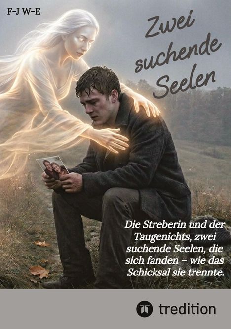 "Zwei suchende Seelen" und "Die Streberin und der Taugenichts..." Ein Mann sitzt, von einem leuchtenden Geist umarmt.