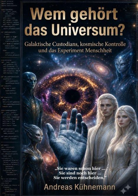 „Wem gehört das Universum?“ mit Untertitel über galaktische Kontrolle. Mystische Wesen und ein kosmischer Hintergrund.