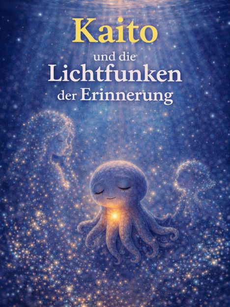 Text: "Kaito und die Lichtfunken der Erinnerung". Illustration eines lächelnden Oktopus umgeben von Lichtpunkten.