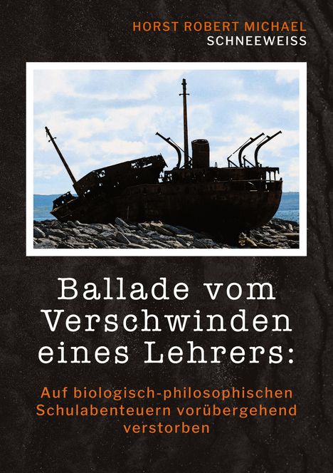 "Ballade vom Verschwinden eines Lehrers: Auf biologisch-philosophischen Schulabenteuern vorübergehend verstorben." Silhouette eines Schiffswracks auf Felsen, blauer Himmel.
