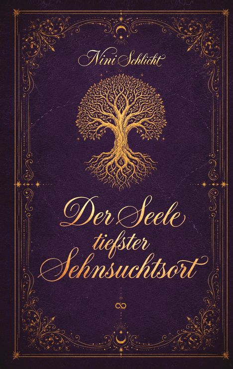„Nini Schlicht. Der Seele tiefster Sehnsuchtsort.“ Goldener Baum und filigrane Verzierung auf violettem Hintergrund.