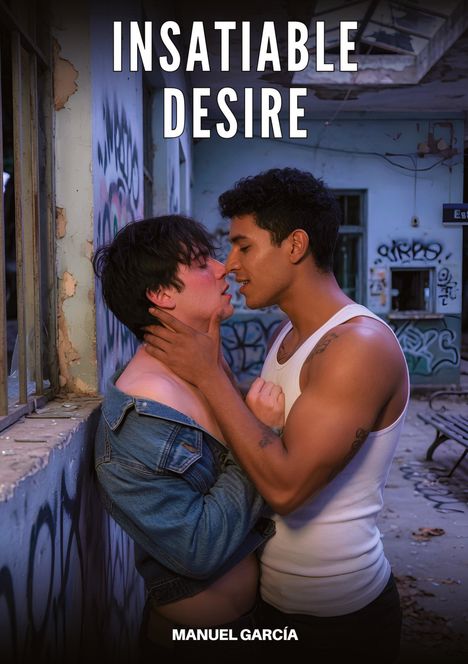 "Insatiable Desire" oben. "Manuel García" unten. Zwei Personen in enger Umarmung in einem grafittibedeckten Raum.