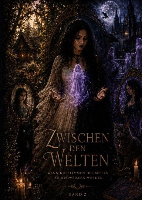 „Zwischen den Welten“, „Wenn die Stimmen der Seelen zu Wegweisern werden“, „Band 2“. Eine mystische Frau mit Katzen.