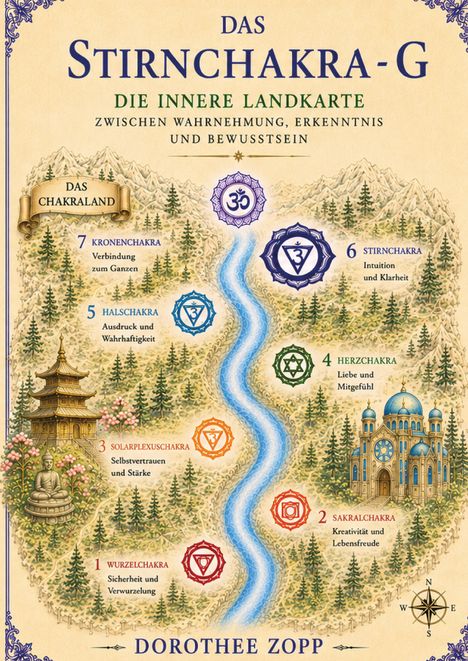 "Das Stirnchakra-G: Die innere Landkarte zwischen Wahrnehmung, Erkenntnis und Bewusstsein." Eine illustrativ gestaltete Landkarte mit Chakrasymbolen.
