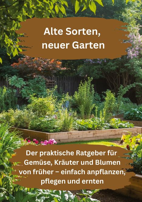 "Alte Sorten, neuer Garten. Der praktische Ratgeber für Gemüse, Kräuter und Blumen von früher." Ein grüner, blühender Garten.
