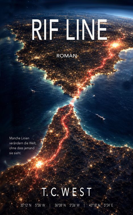 Oben: "RIF LINE", "ROMAN". Unten: "T.C.WEST", Koordinaten. Rote Linie trennt zwei leuchtende Küsten im Dunkeln.