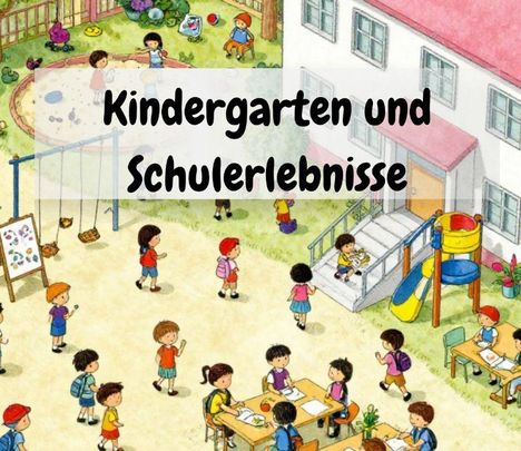 "Kindergarten und Schulerlebnisse." Bunte Illustration eines lebhaften Spielplatzes mit Kindern, Tischen und Schaukel.