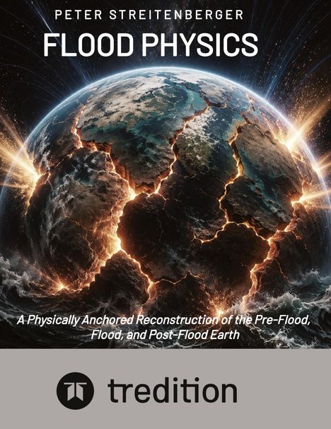„FLOOD PHYSICS“, untertitel: „A Physically Anchored Reconstruction...“; brennende Erdoberfläche; „tredition“ Logo.