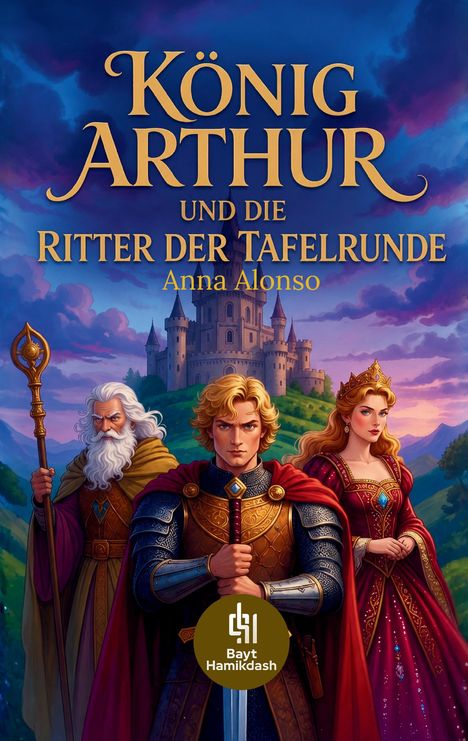 "König Arthur und die Ritter der Tafelrunde. Anna Alonso." Illustration mit einem Schloss und drei Figuren in mittelalterlicher Kleidung.