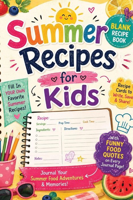 Text: "Summer Recipes for Kids", "A BLANK RECIPE BOOK", "With FUNNY FOOD QUOTES on Every Journal Page". Buntes, fröhliches Design.
