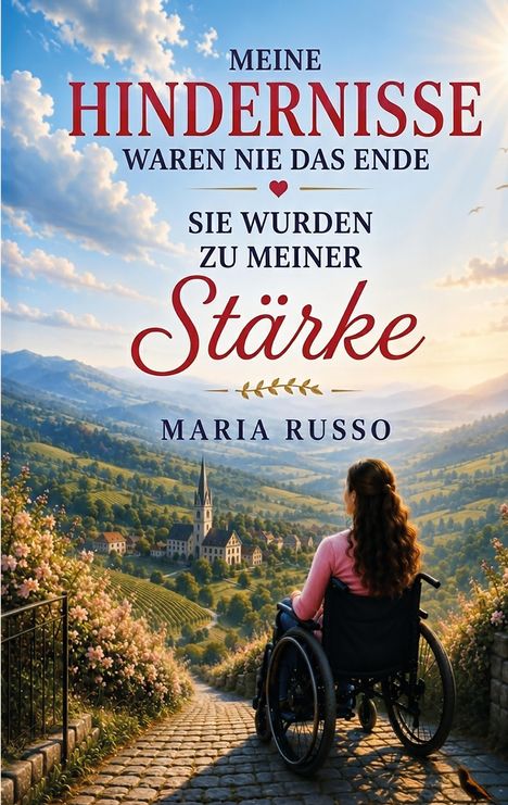 "Meine Hindernisse waren nie das Ende, sie wurden zu meiner Stärke" - Maria Russo. Eine Frau im Rollstuhl blickt auf ein Tal.
