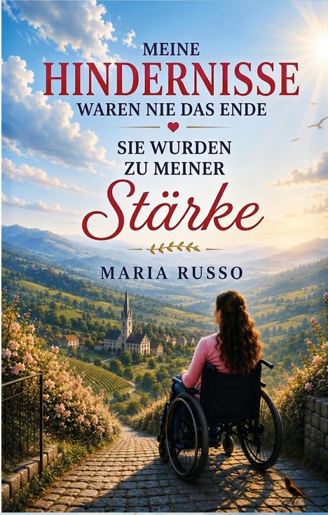 Text: "MEINE HINDERNISSE WAREN NIE DAS ENDE. SIE WURDEN ZU MEINER STÄRKE. MARIA RUSSO." Frau im Rollstuhl blickt auf Dorf.