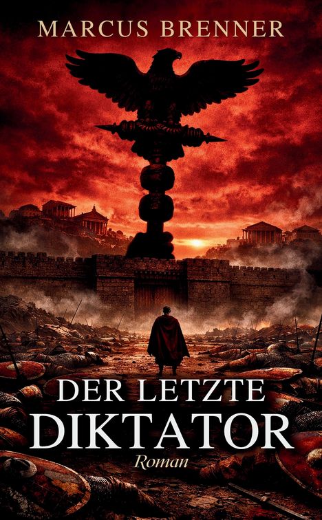 "Marcus Brenner, Der Letzte Diktator, Roman". Eine dramatische, rote Szenerie mit einem Adler auf einem Podest.