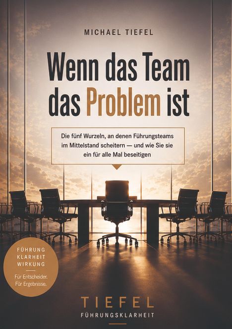 „Wenn das Team das Problem ist“, Untertitel über Führungsversagen. Konferenzraum mit Stühlen und Sonnenuntergang.
