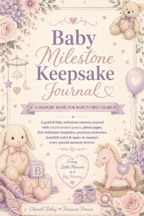 "Baby Milestone Keepsake Journal" in lila Schrift, umgeben von pastellfarbenen Blumen, Teddybär und Schaukelpferd.